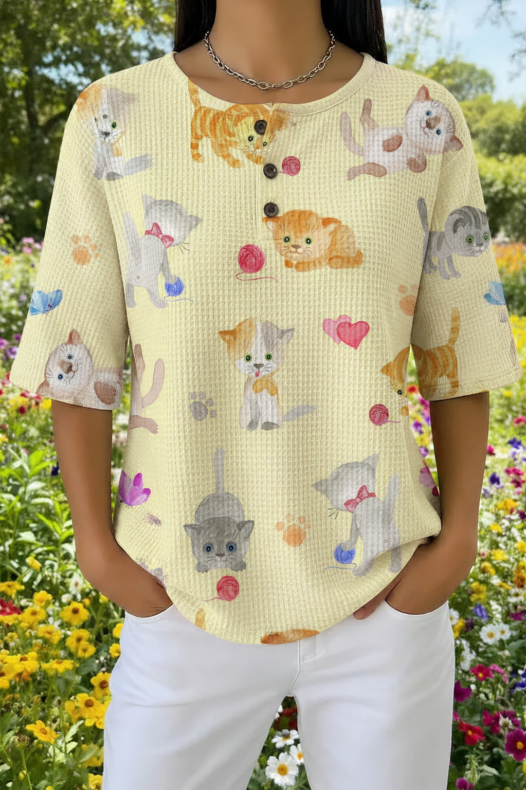 Womens Yellow Cartoon Cat Print Casual Henley Shirt