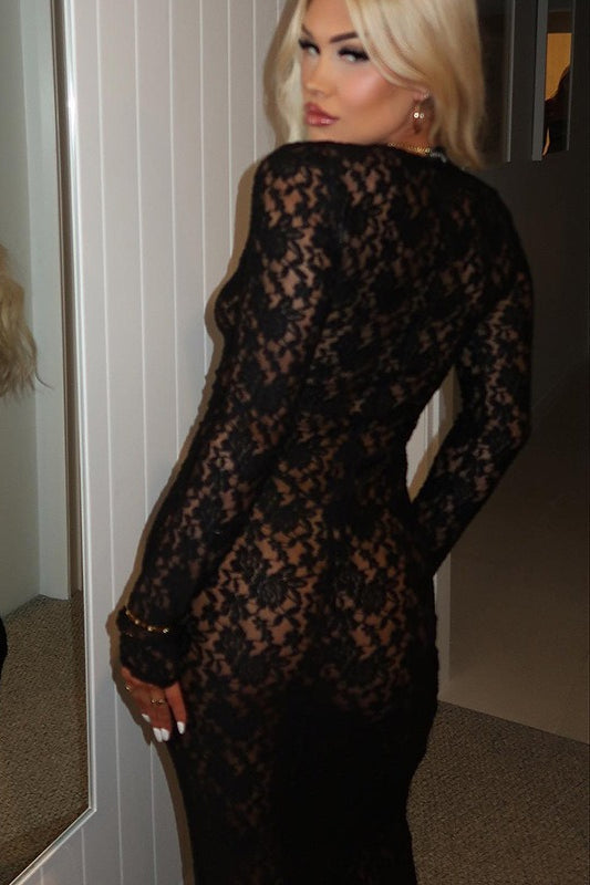 Sheer Lace Cutout Pattern Bodycon Maxi Lace Dress