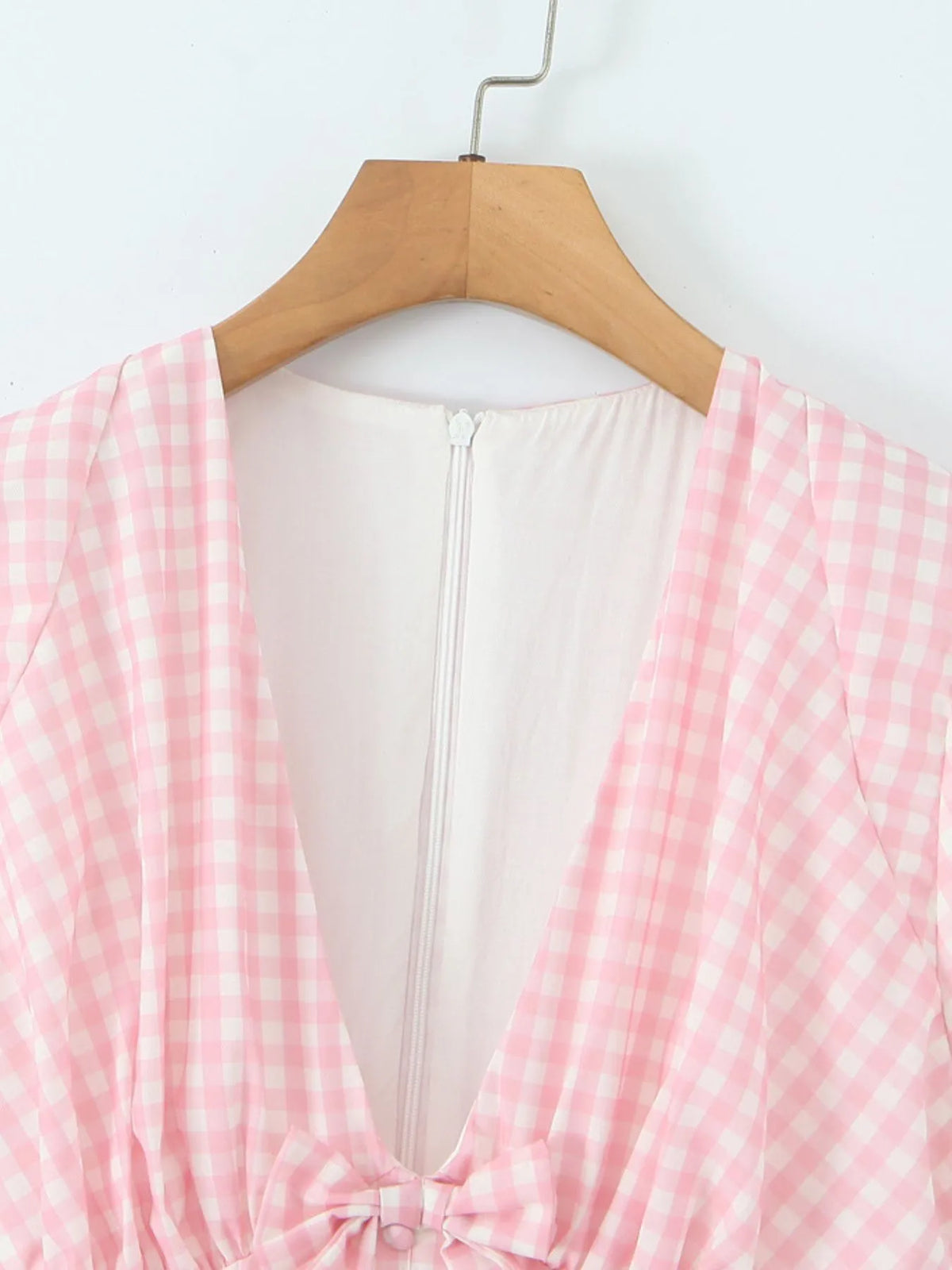 Gingham V-Neck Puff Sleeve Bow Button Front Lace Trim Mini Dress 7