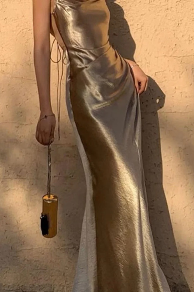 Satin Spaghetti Strap Backless Prom Maxi Dress - View 3