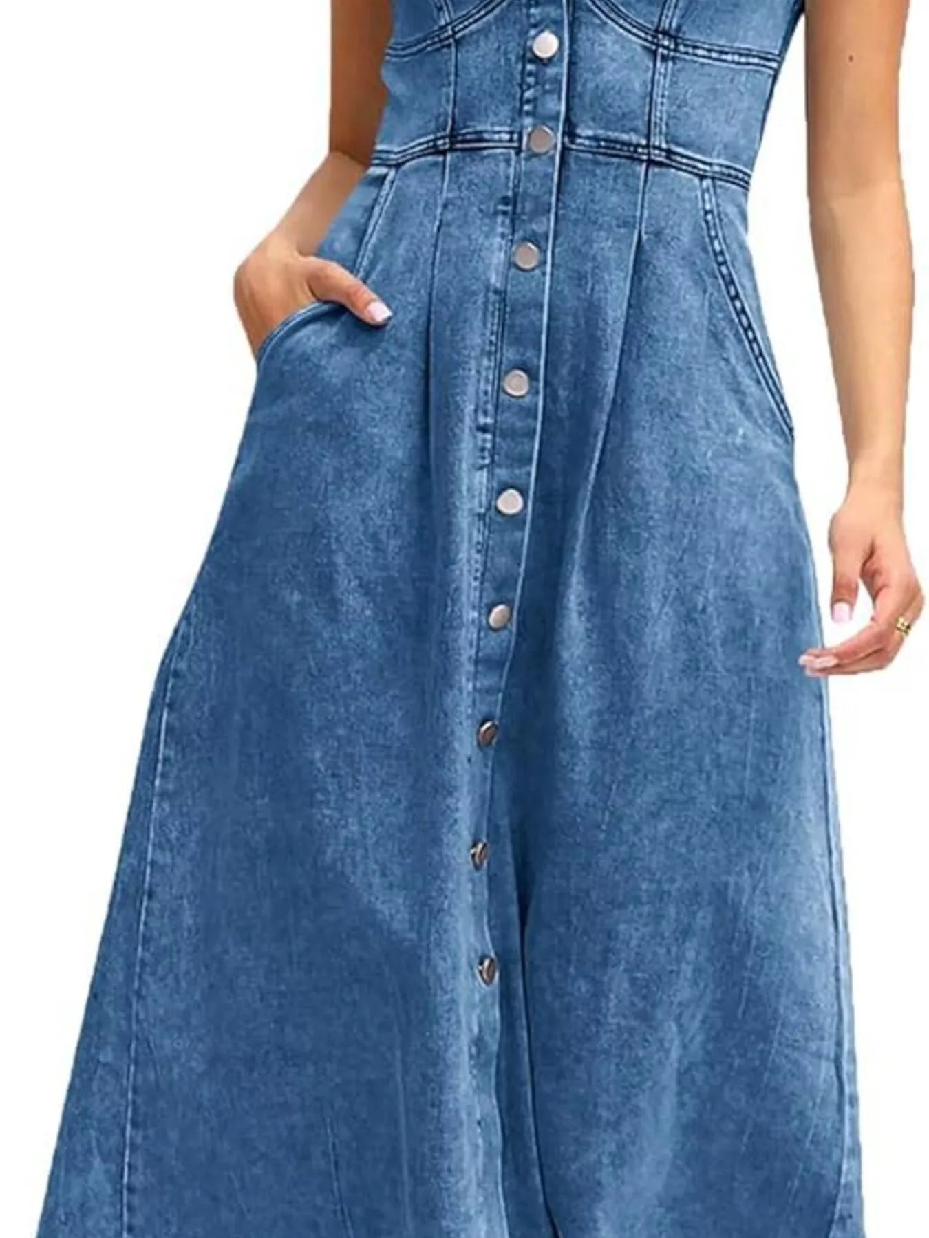 Smocked Back Button Front Denim Midi Dress