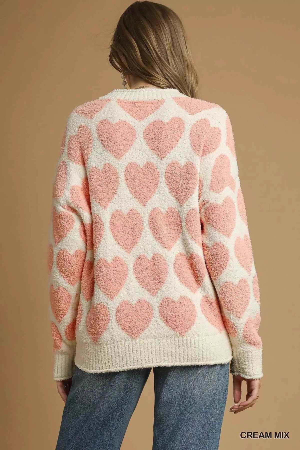Heart Pattern Crew Neck Long Sleeve Fuzzy Knit Sweater 4