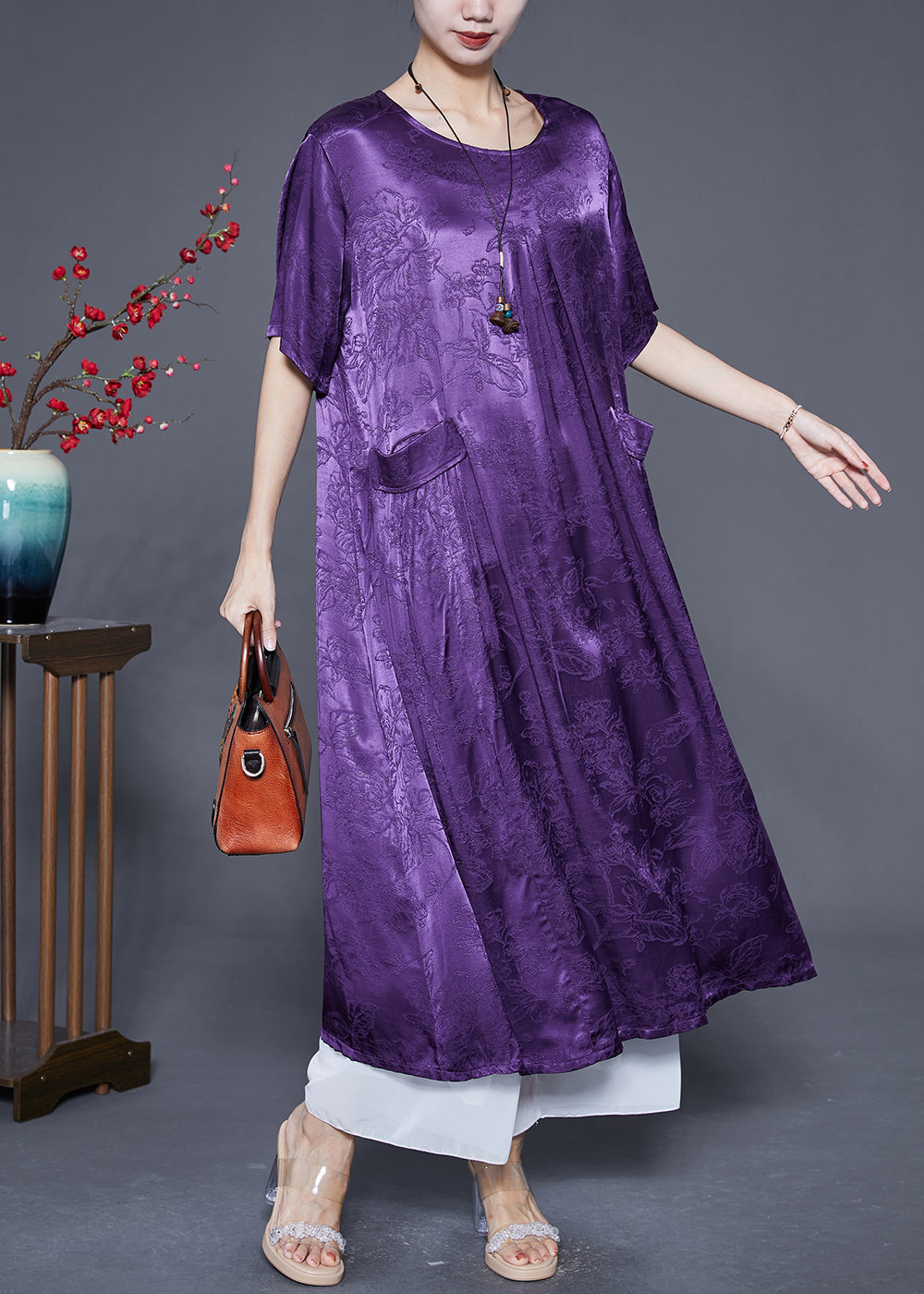 Jacquard Floral Patch Pocket Short Sleeve Round Neck Oversized Maxi Dress