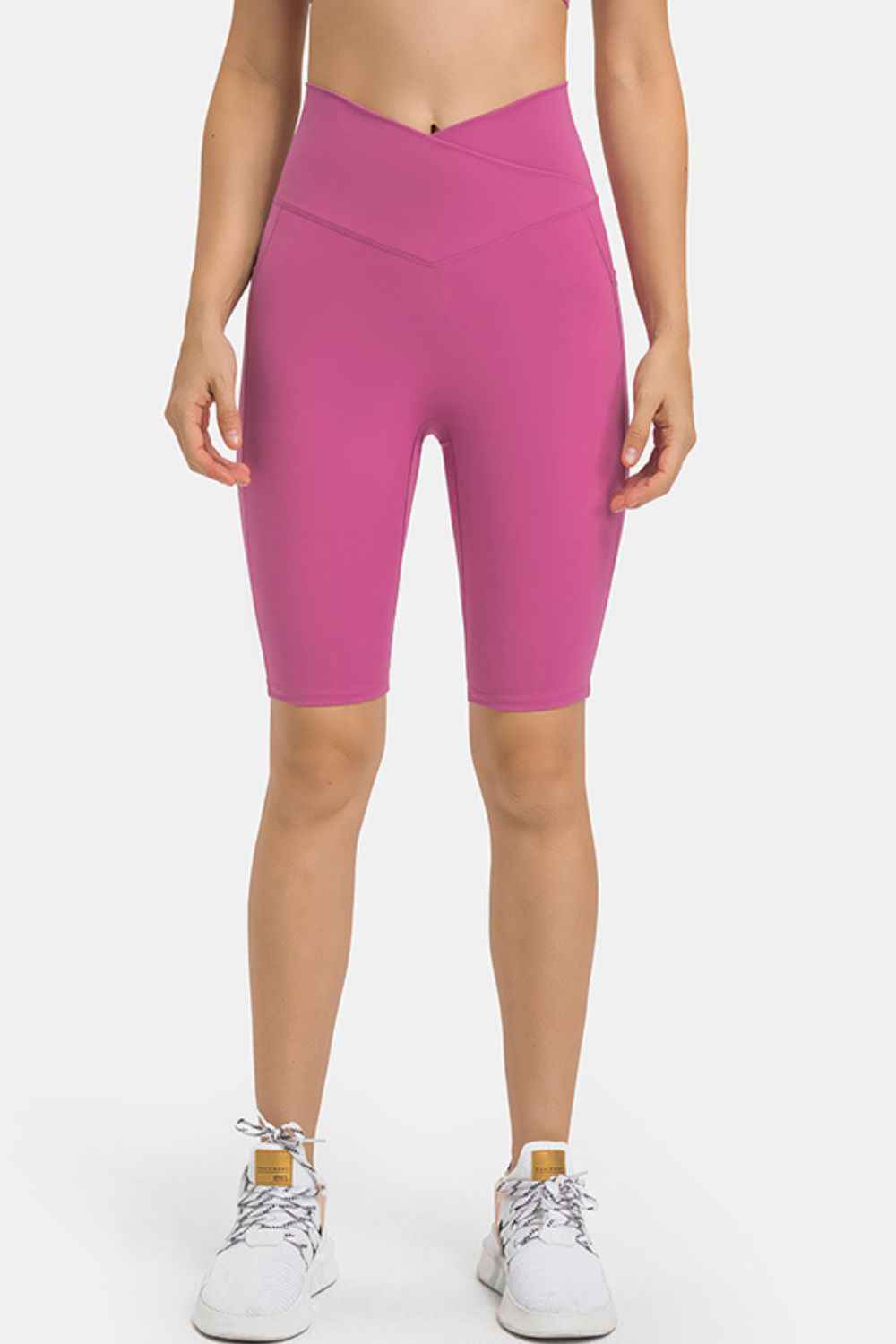 Crossover High Waist Side Pocket Knee Length Biker Shorts