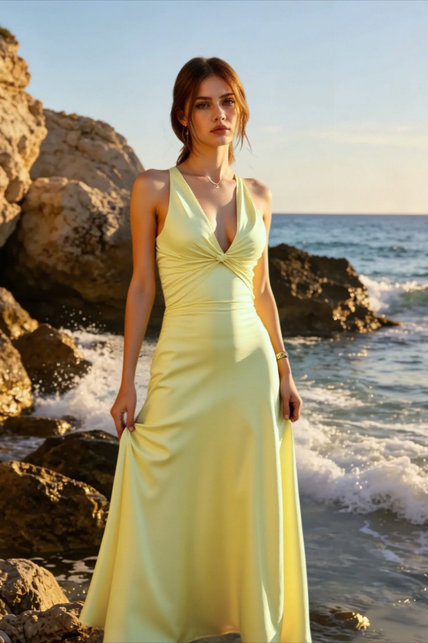 Backless Ruched Satin Maxi Dress