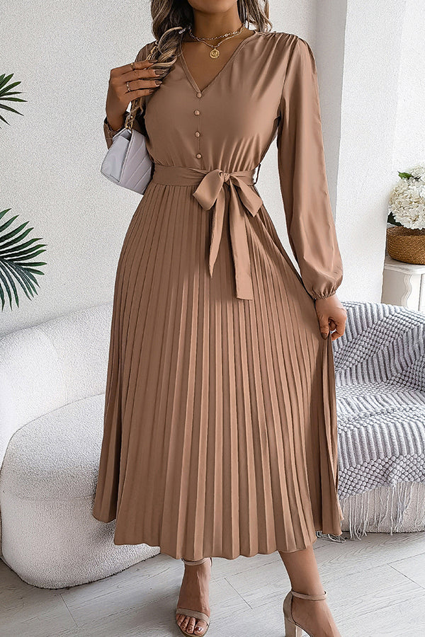 Solid Color Elegant V-neck Buttoned Lace-up Pleated Maxi Dress - View 8