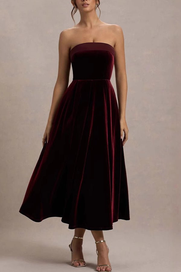 Velvet Strapless Fit and Flare A-Line Midi Dress