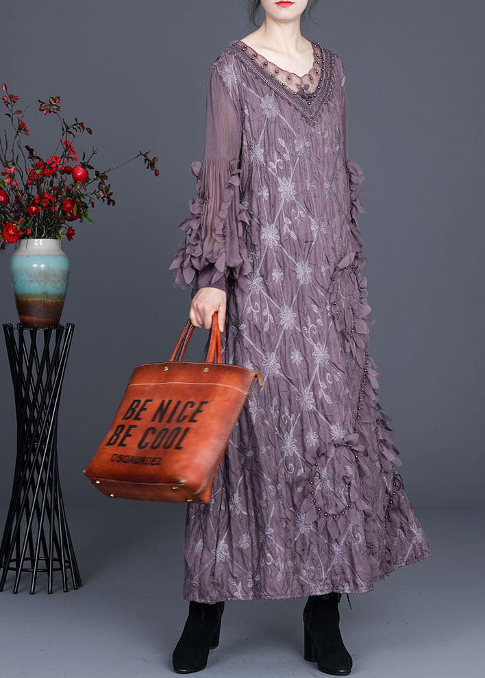 Embroidered Lace Trim V-Neck Leaf Appliqué Long Sleeve Crinkled Maxi Dress