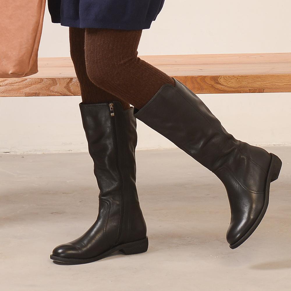 Wide Fit Handmade Soft��Leather Knee High Boots Side Zip Riding Boots Black Short Plush