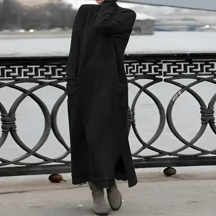 Knit Cowl Neck Long Sleeve Patch Pocket Side Slit Maxi Dress