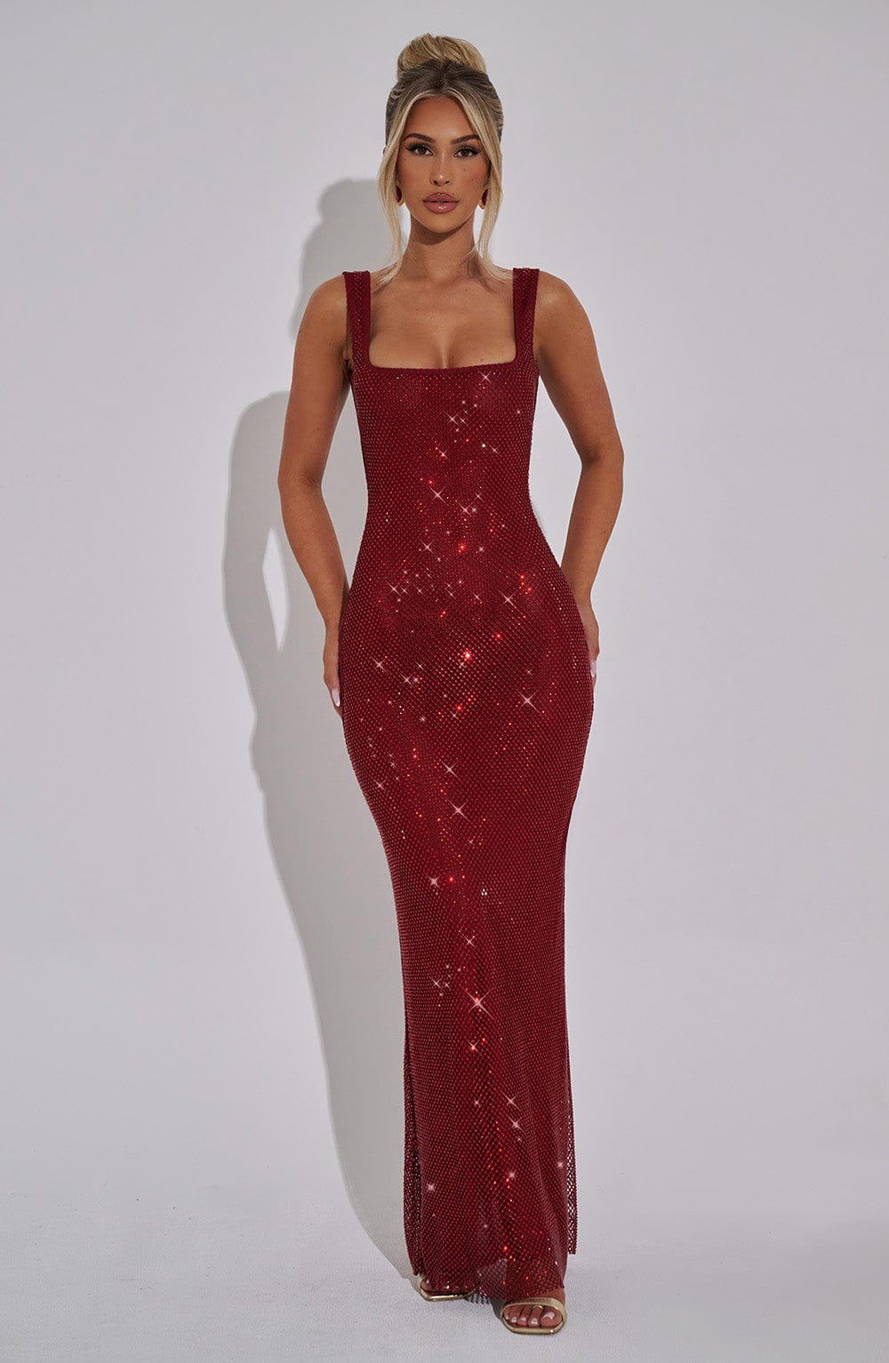 Rhinestone Mesh Square Neck Bodycon Maxi Dress 4