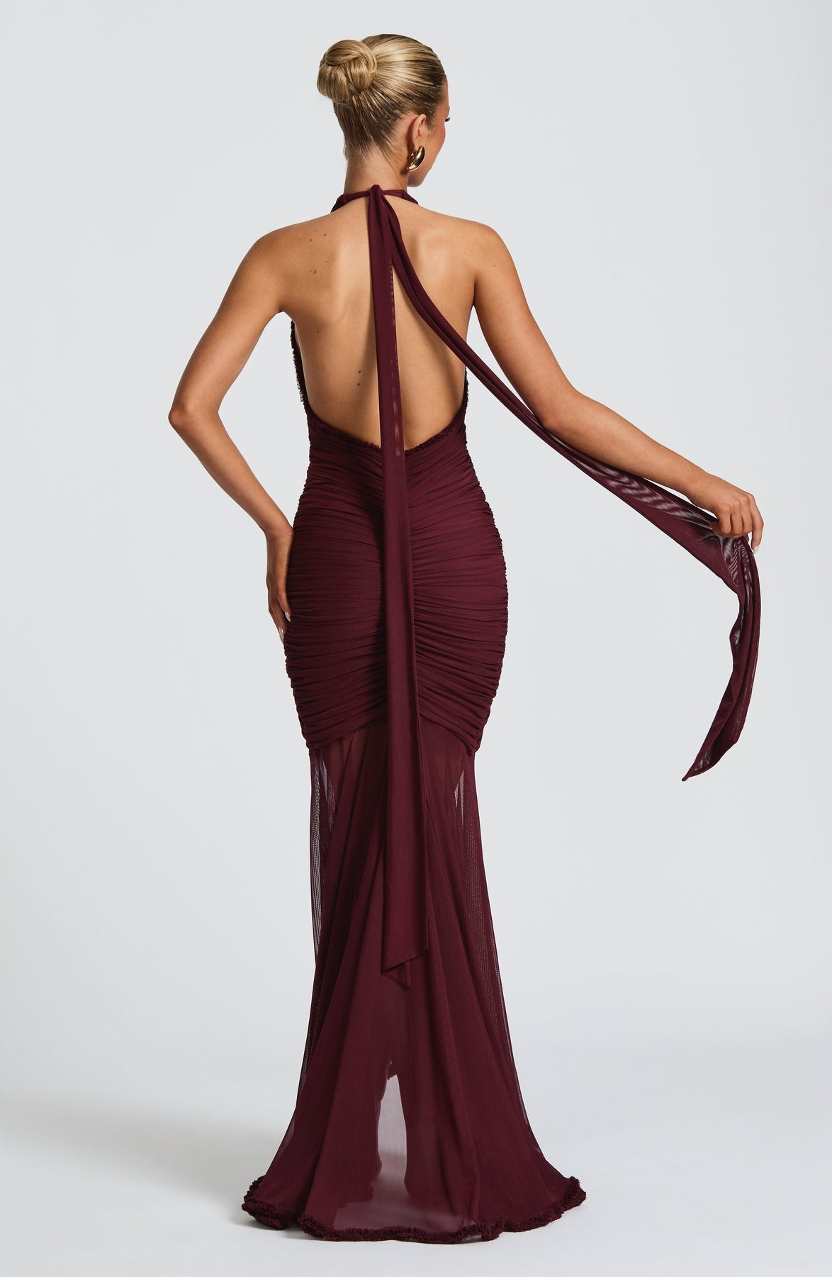 Mesh Halter Neck Deep V-Neck Ruched Ruffle Mermaid Maxi Gown 4