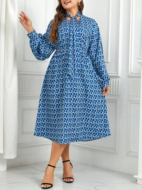 Tie Neck Bishop Sleeve Abstract Print Elastic Waist Midi Dress