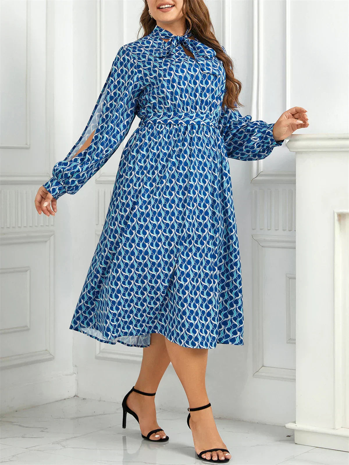 Tie Neck Bishop Sleeve Abstract Print Elastic Waist Midi Dress