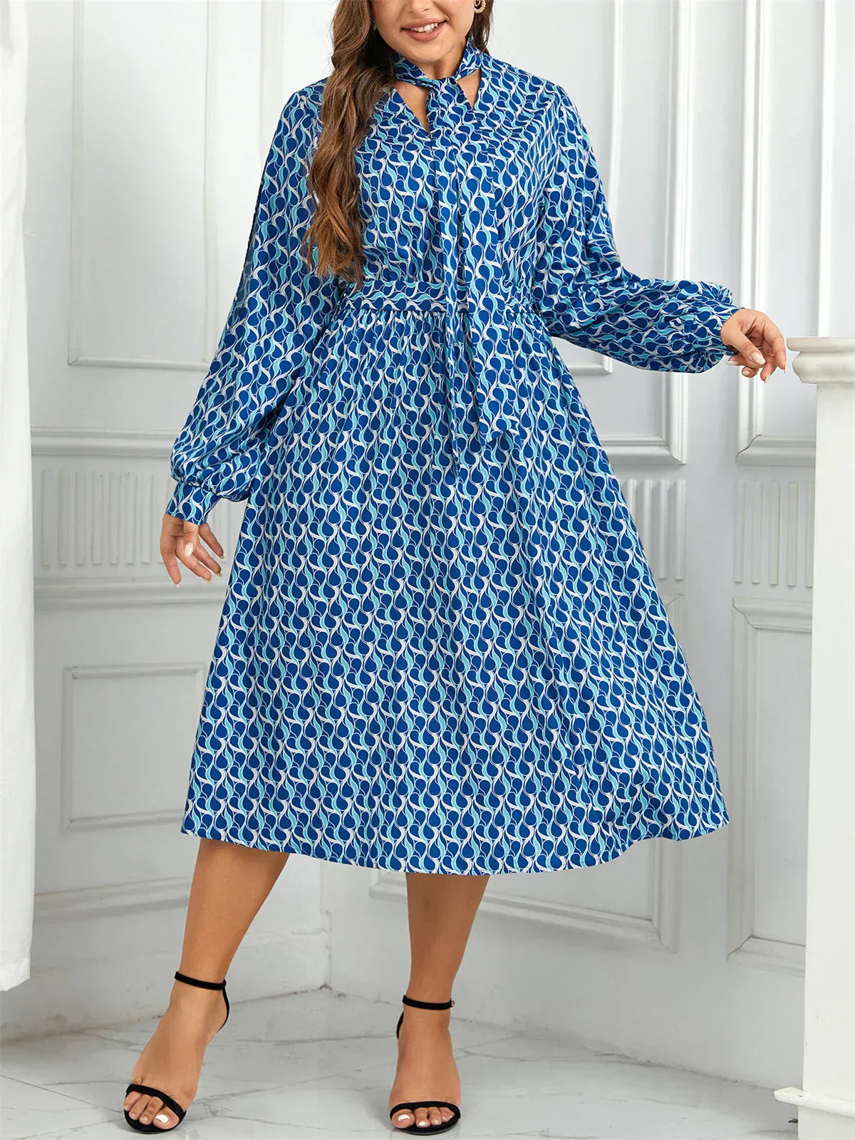 Tie Neck Bishop Sleeve Abstract Print Elastic Waist Midi Dress