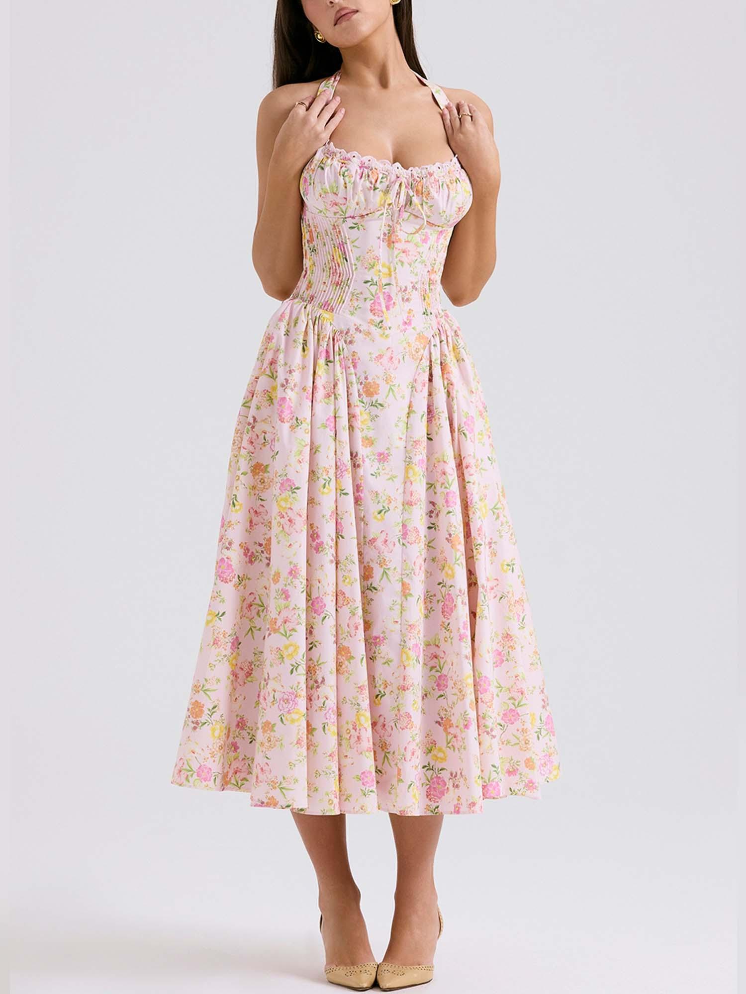 Romantic Floral Corset Midi Dress Mulitcolor