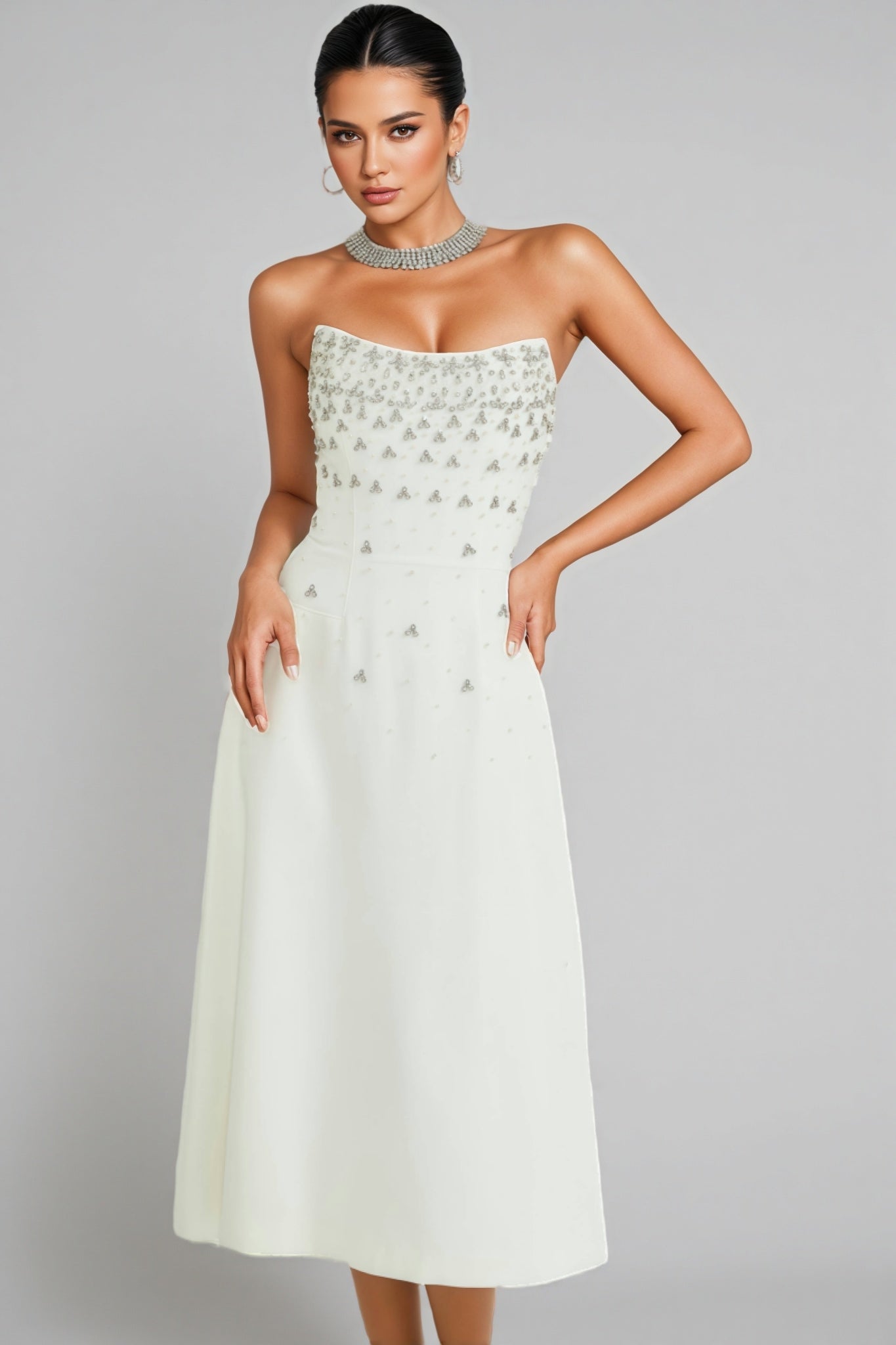 Strapless Beaded Fan Bodice A-Line Midi Dress