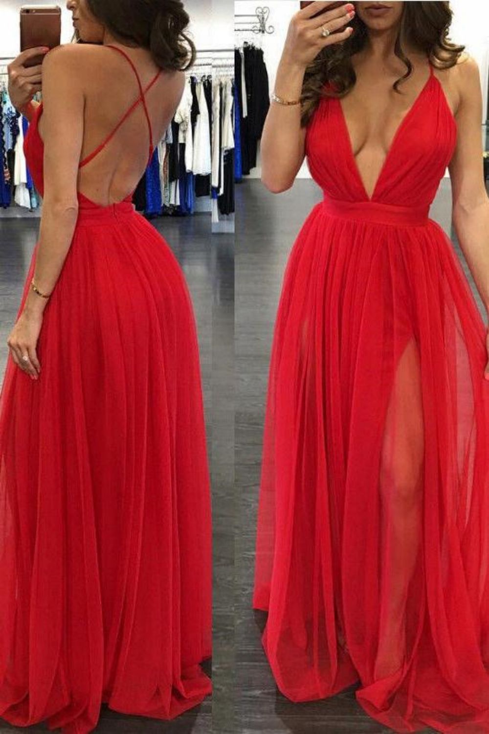 Hot Sexy Spaghetti Straps Red Long Prom Dress with Backless