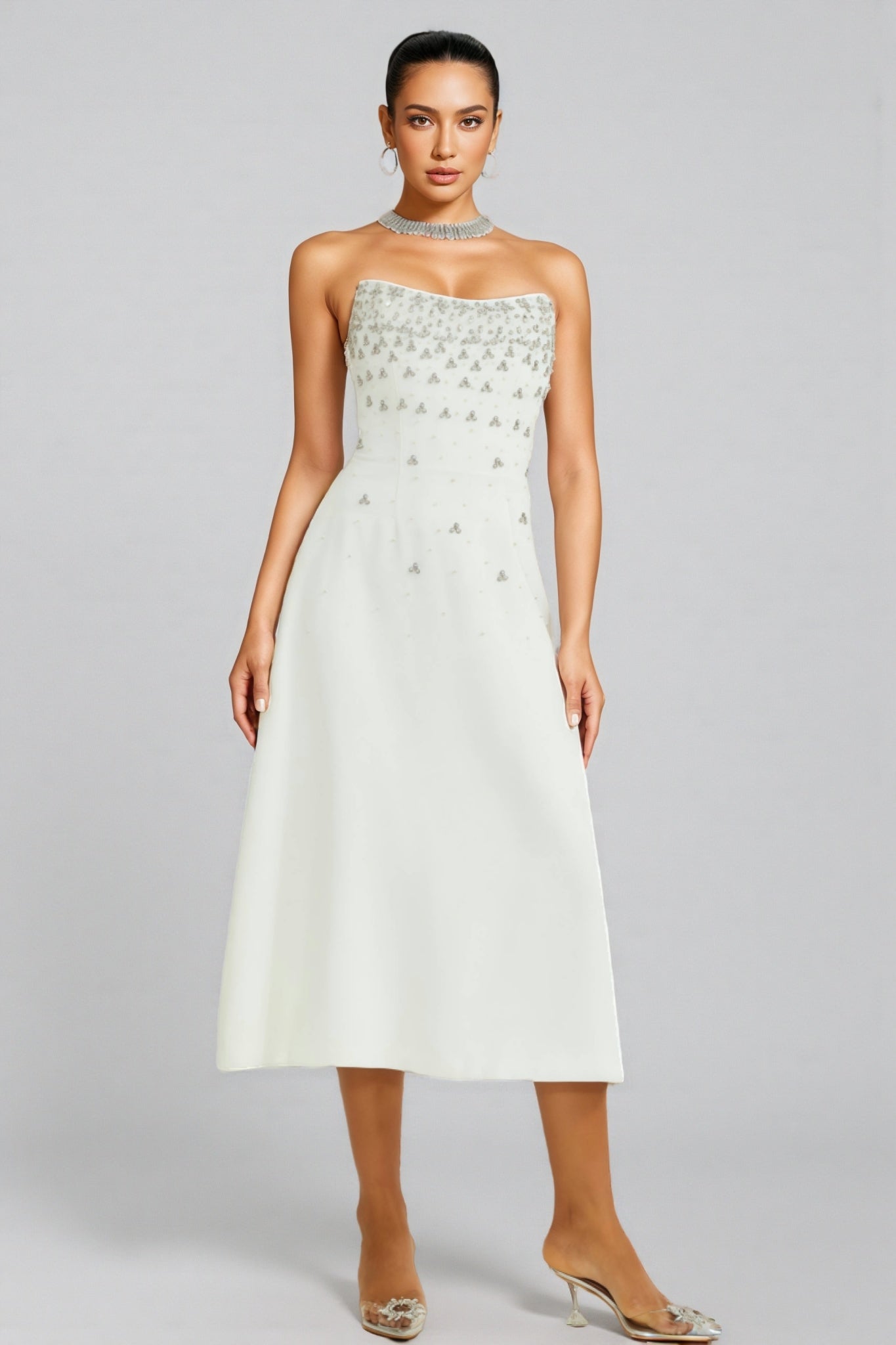 Strapless Beaded Fan Bodice A-Line Midi Dress