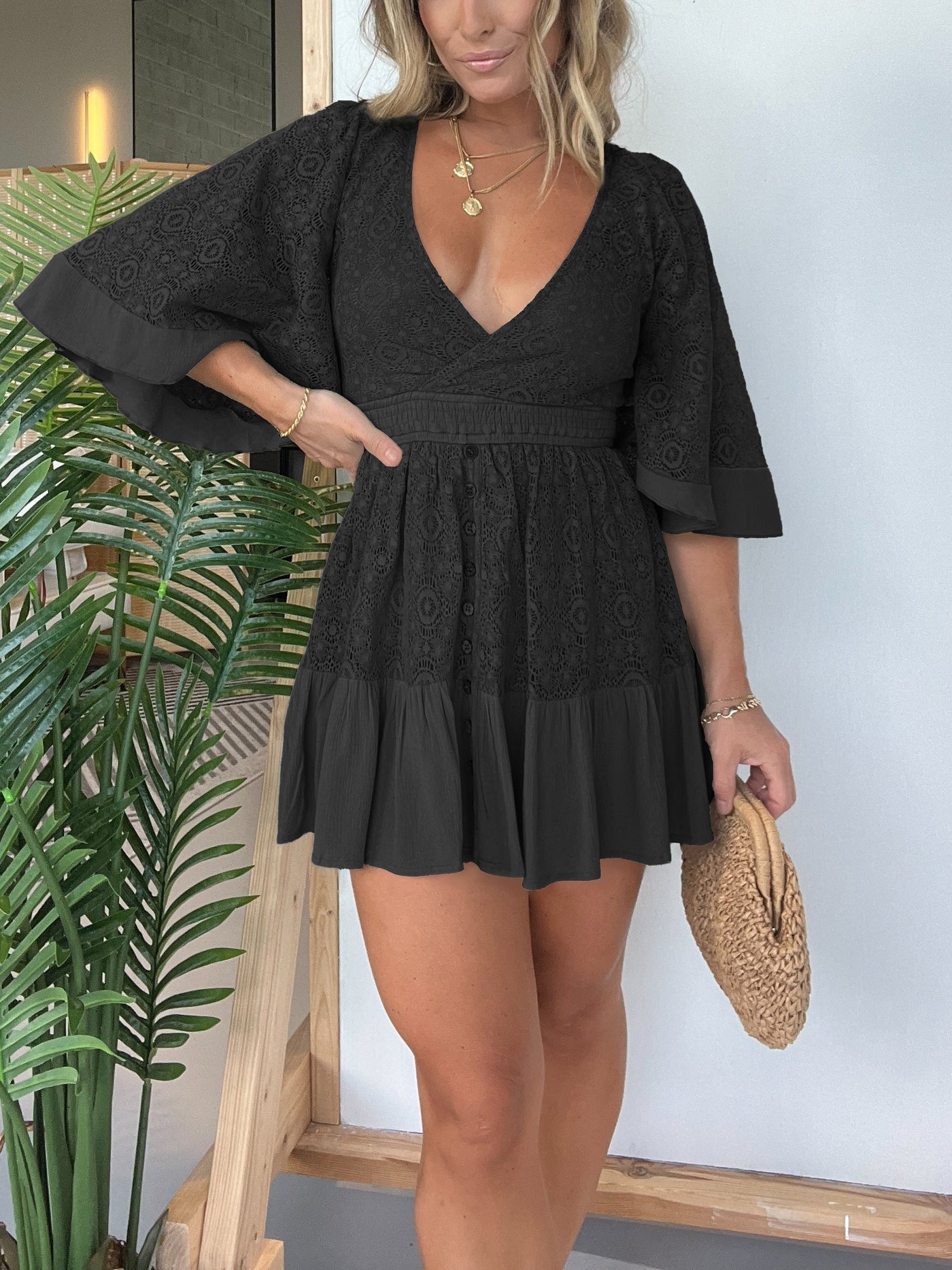 Lace V-Neck Bell Sleeve Tiered Mini Dress 6