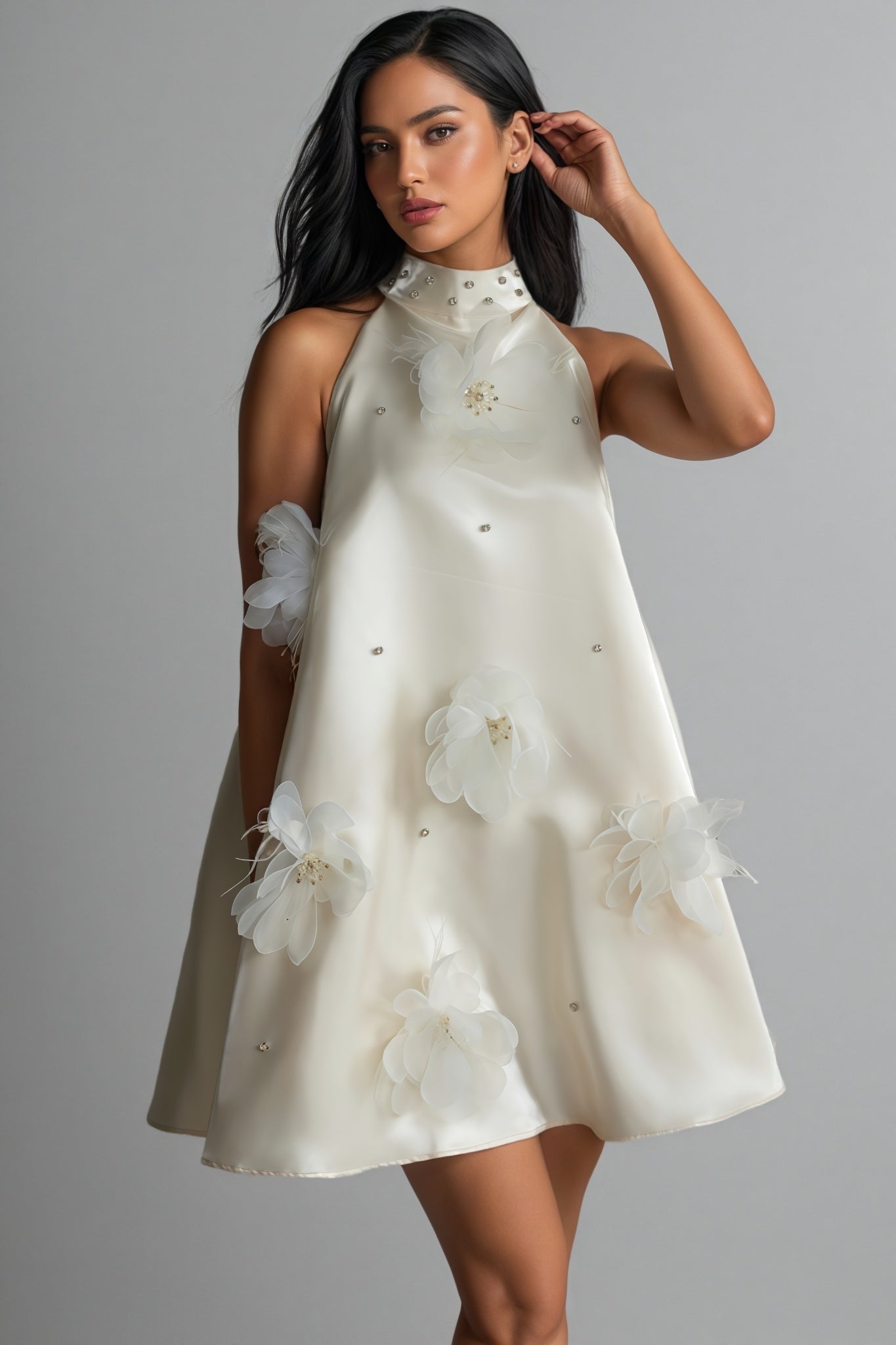Floral Applique Halter Neck Sleeveless A-Line Mini Dress