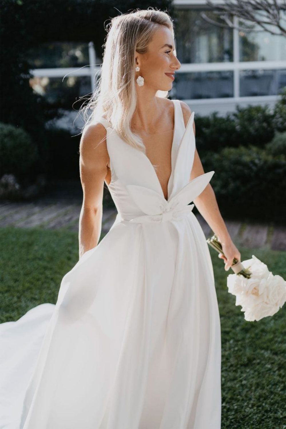 Hot A Line Deep V Neck White Wedding Dress with Bowknot