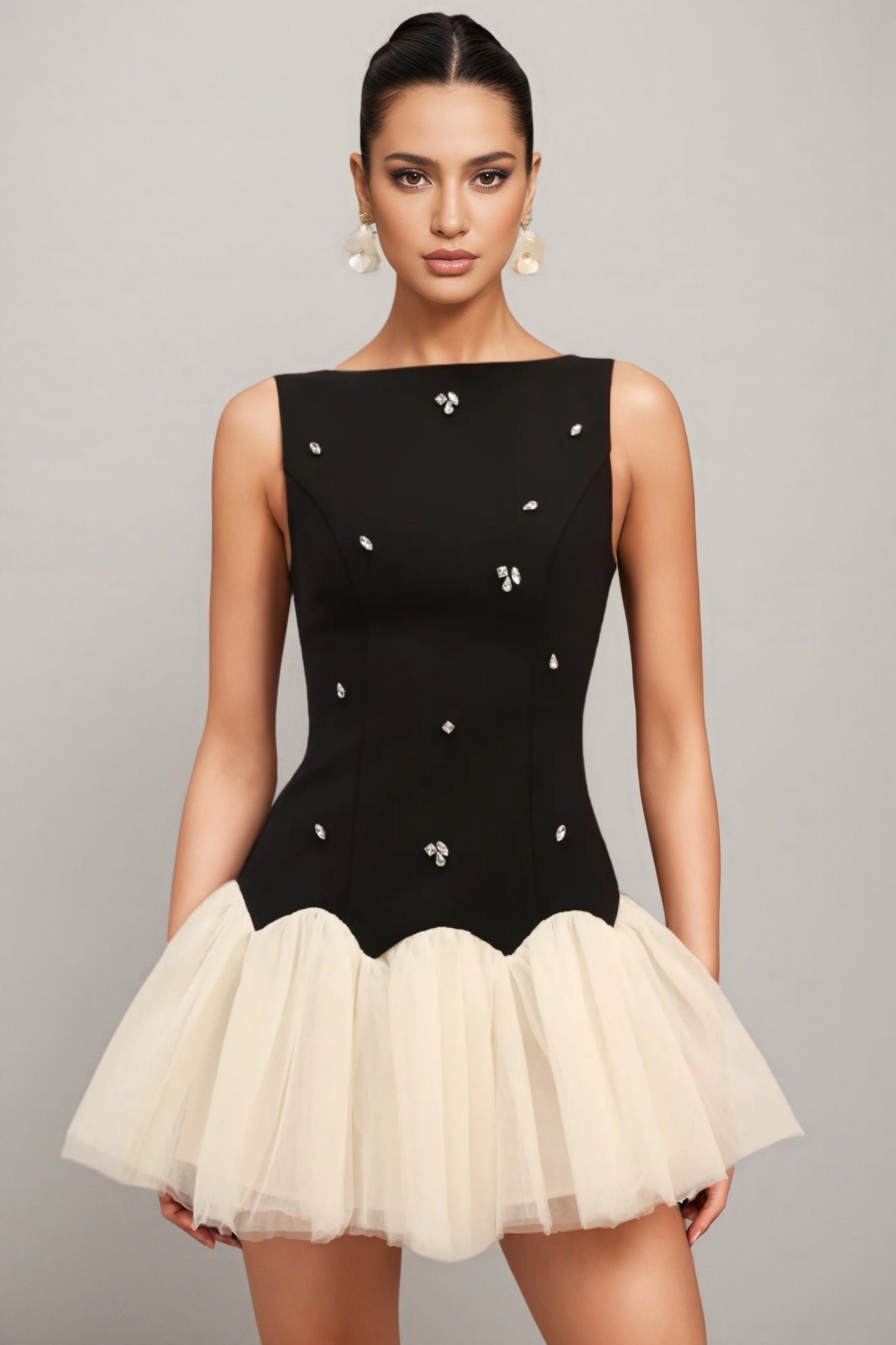 Rhinestone Boat Neck Scalloped Drop Waist Tulle Mini Dress