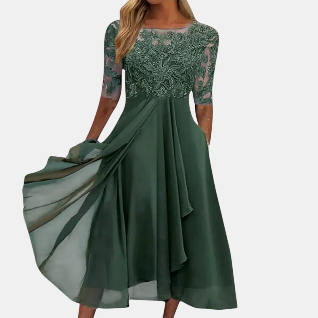 Lace Bodice Round Neck Half Sleeve Chiffon Midi Dress