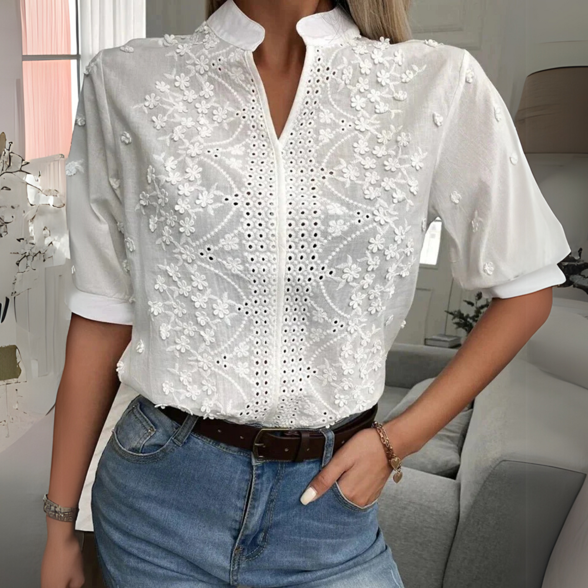 Eyelet Lace Stand Collar Puff Sleeve Blouse