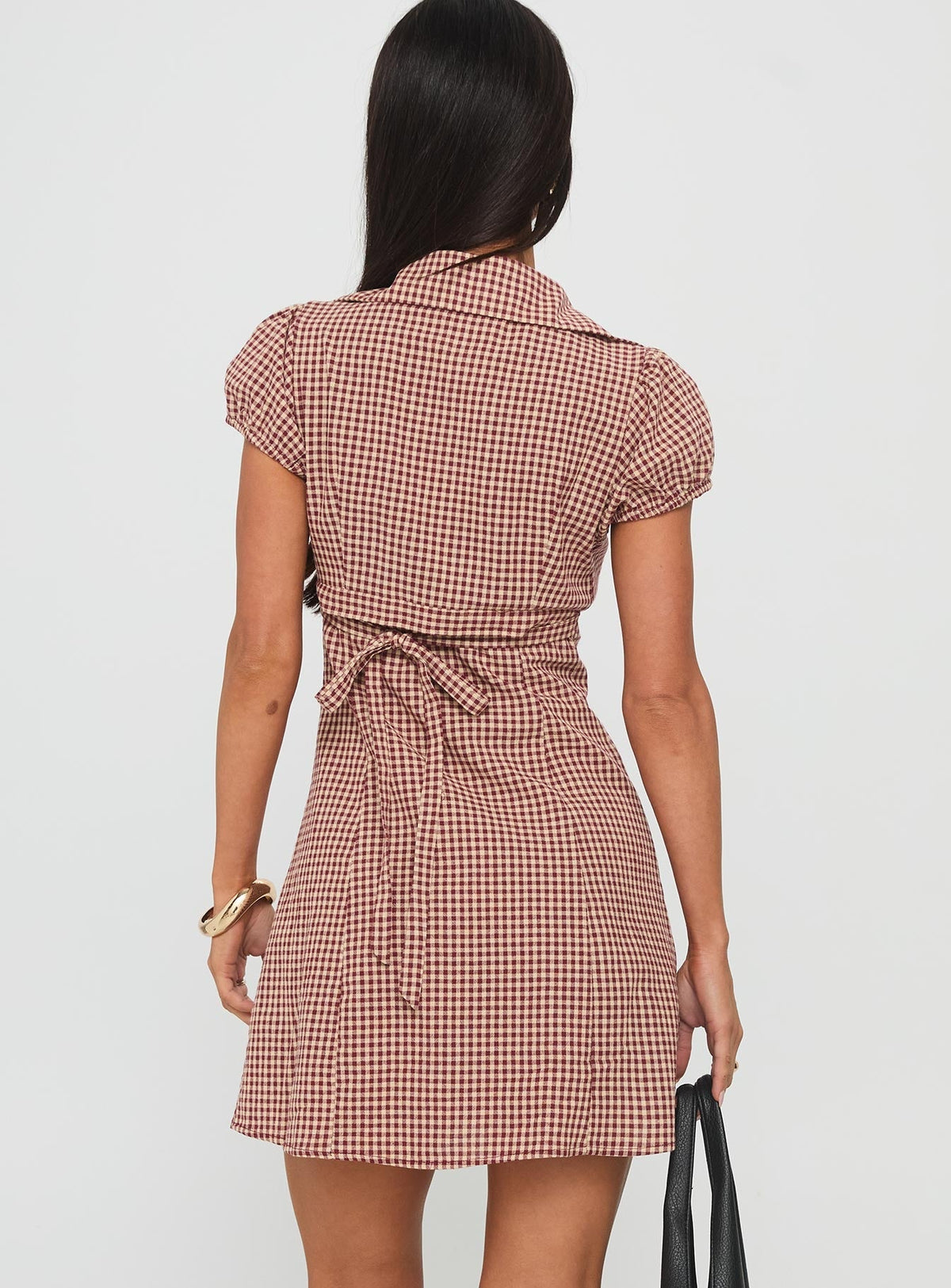 Gingham Collared Puff Sleeve Button Front A-Line Shirt Mini Dress 4