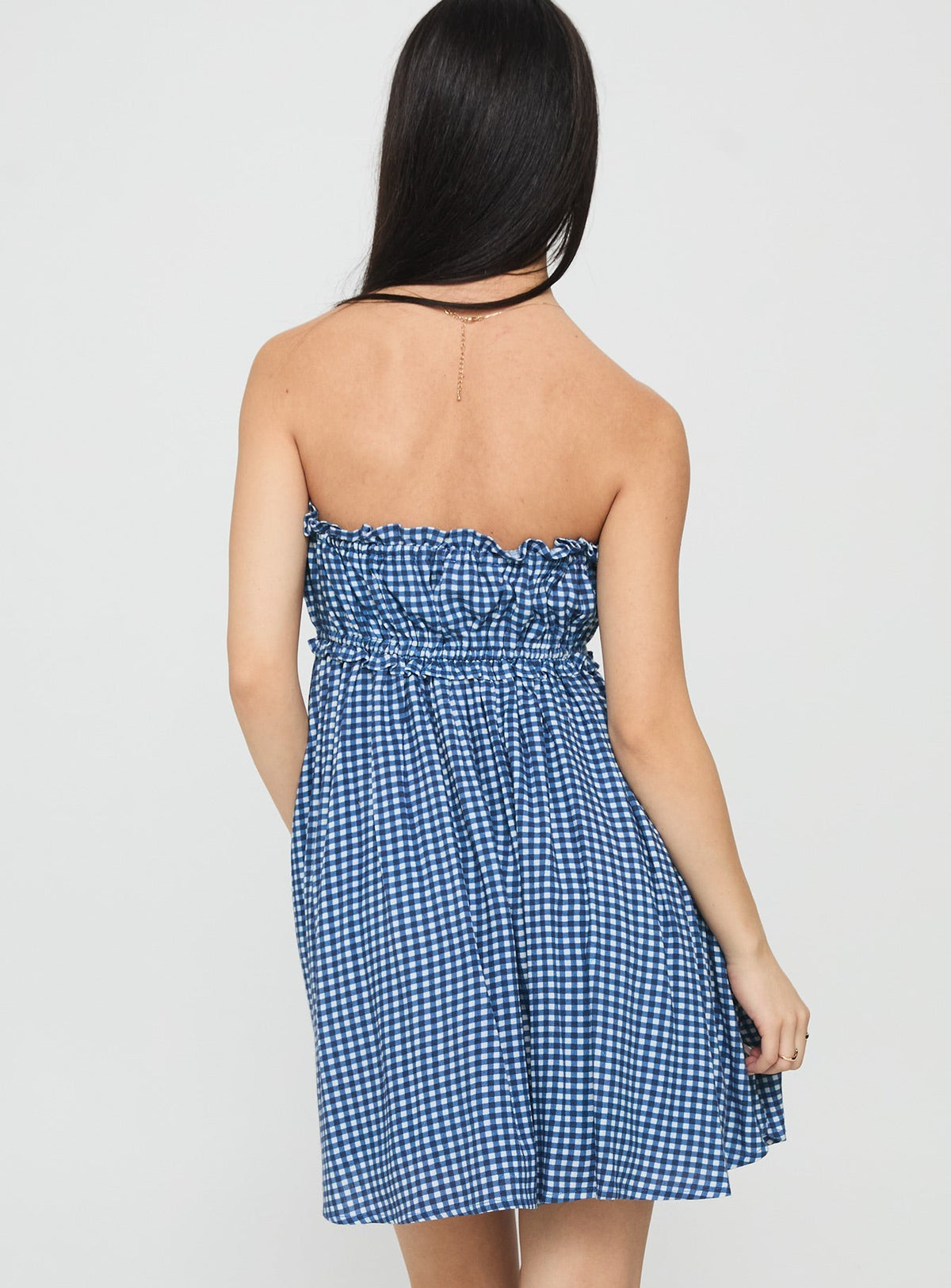 Held My Breath Strapless Babydoll Mini Dress Blue Gingham