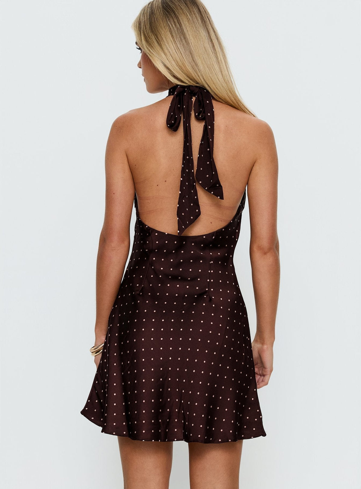 Polka Dot Satin High Neck Halter Open Back Mini Dress 4