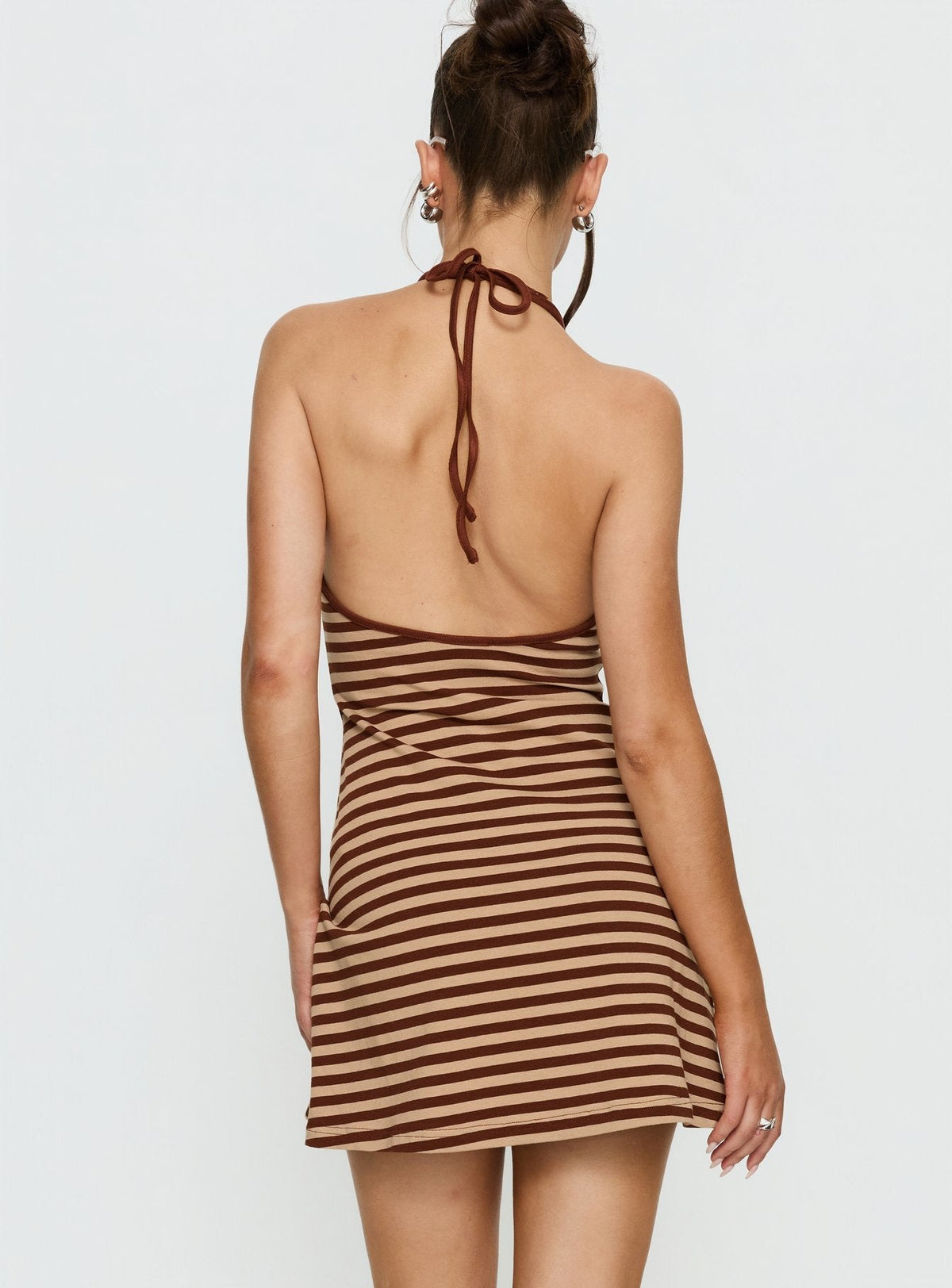 Striped Halter Neck Keyhole Tie Front Bodycon Mini Dress 4