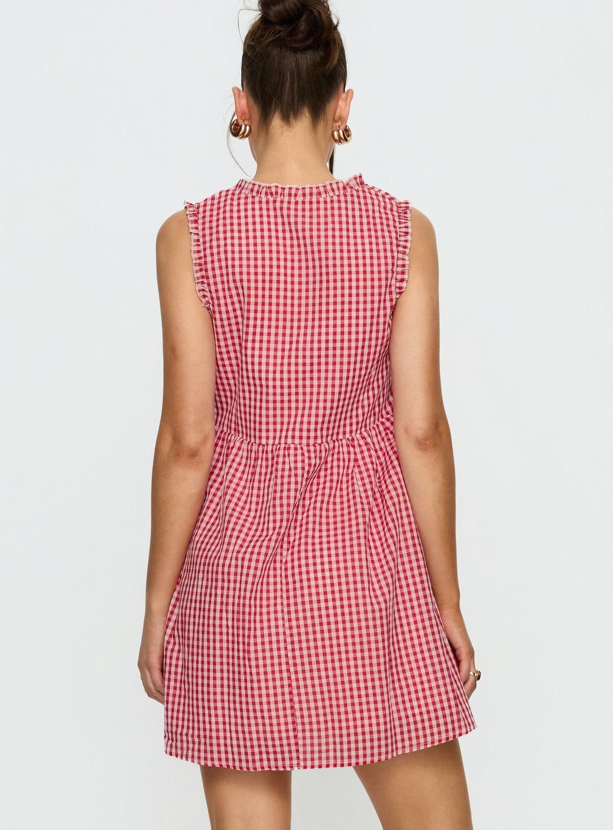 Gingham Ruffle Trim V-Neck Sleeveless Babydoll Mini Dress 4
