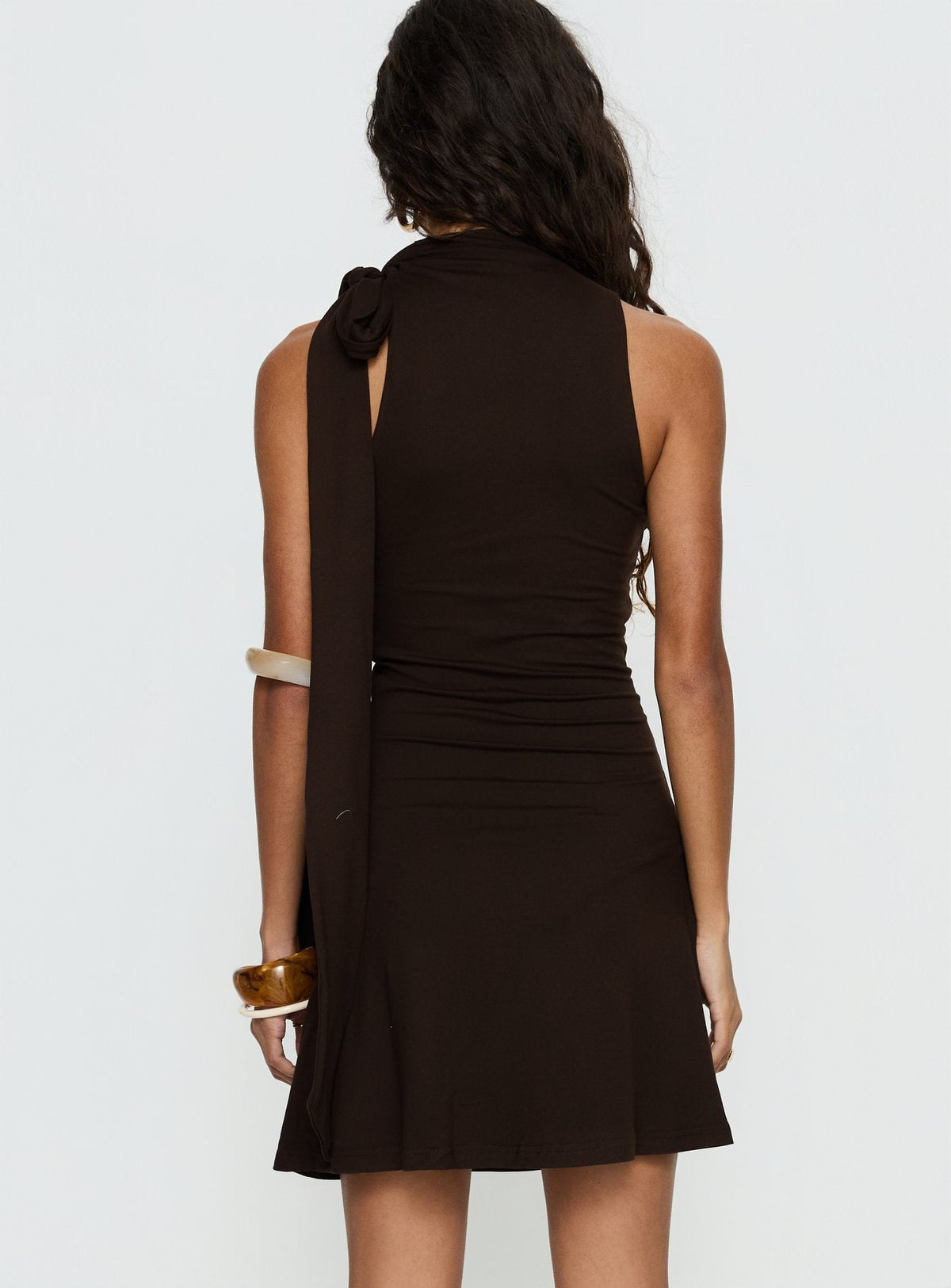 Mock Neck Tie Scarf Sleeveless Ruched Side Mini Dress 4