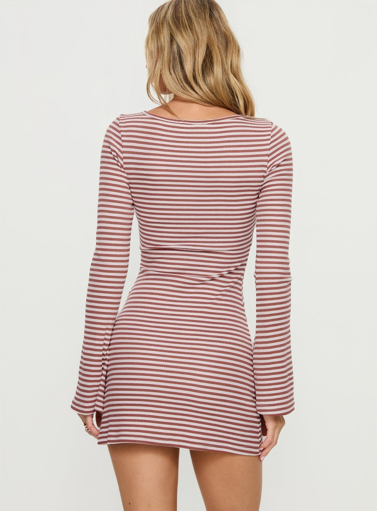 Striped Ribbed Knit Boat Neck Flared Long Sleeve Bodycon Mini Dress 4