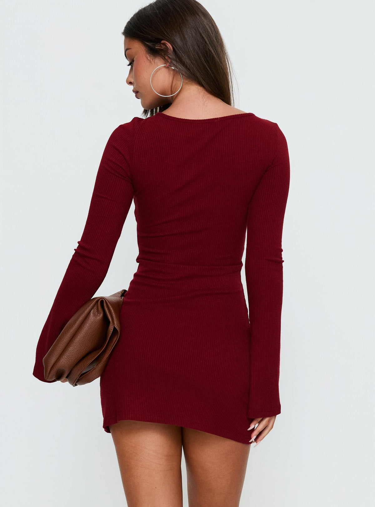 Ribbed Knit Crew Neck Flared Long Sleeve Bodycon Mini Dress 5