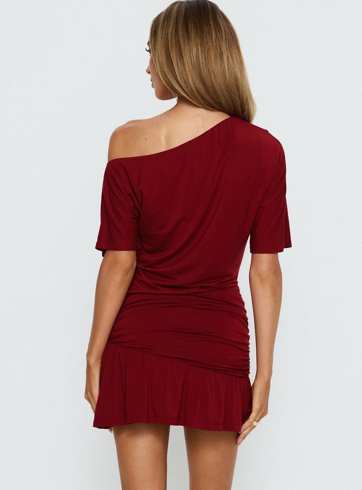 Off Shoulder Short Sleeve Ruched Waist Ruffle Hem Mini Dress 5