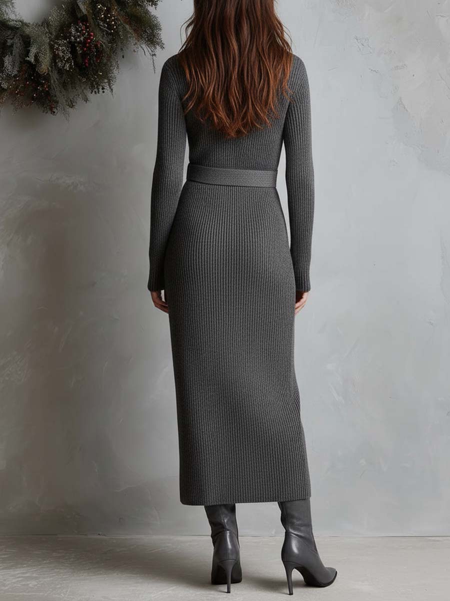 Ribbed Knit Belted Maxi Cardigan Dress With Shawl Collar - FashionAxe