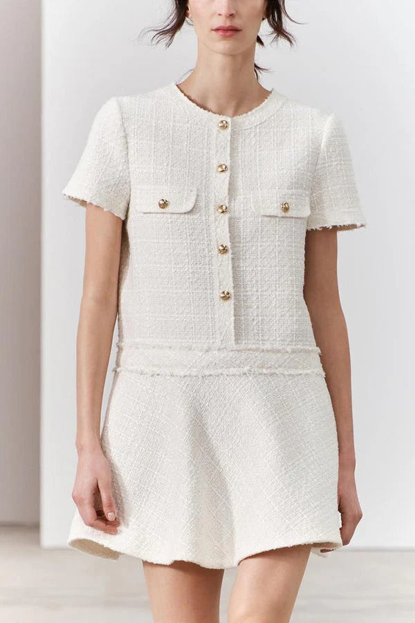 Textured Boucle Gold Button Short Sleeve A-Line Mini Dress