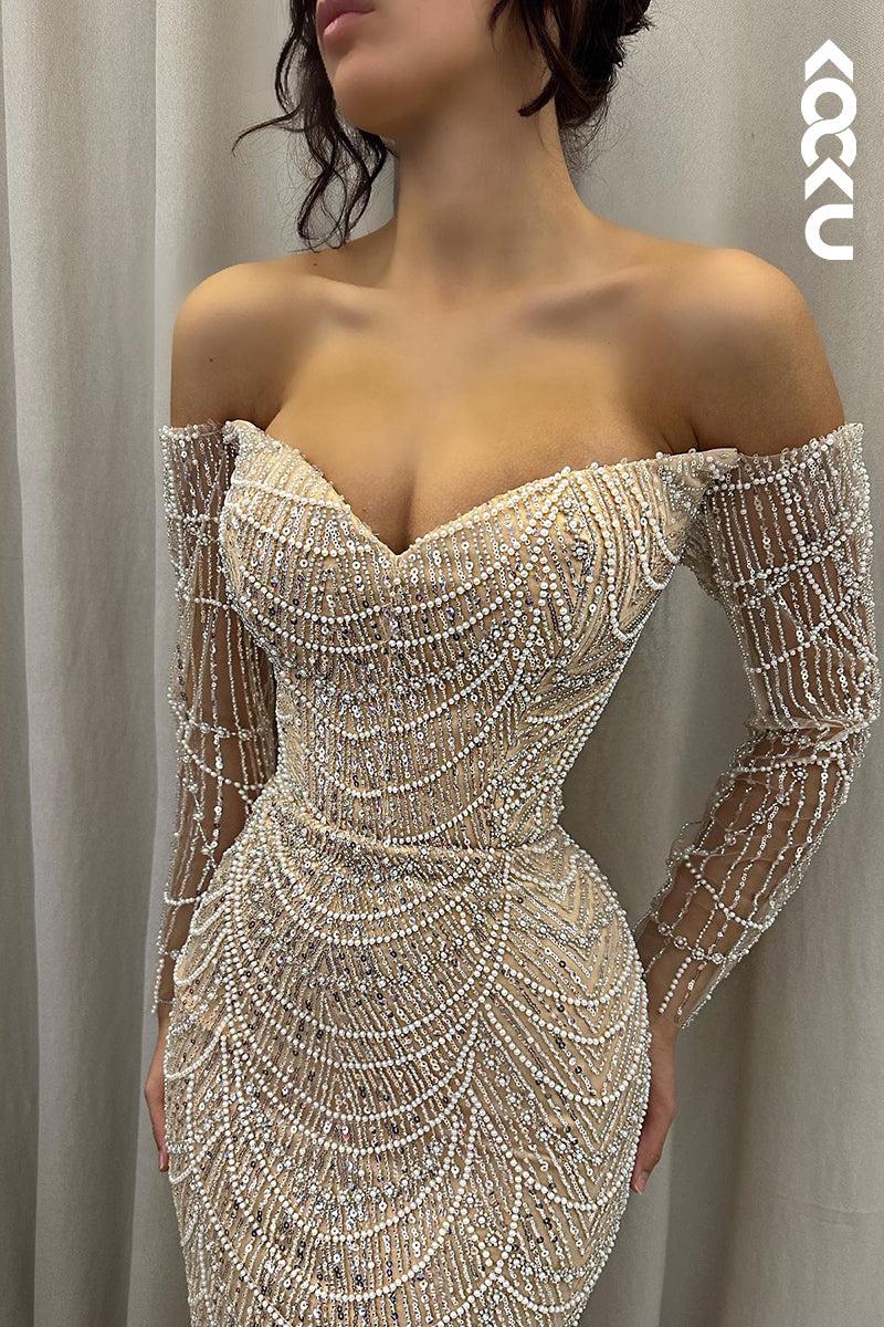 L2876 - Gorgeous & Charming Off-Shoulder Long Sleeves Fully Beaded Mermaid Prom Dress