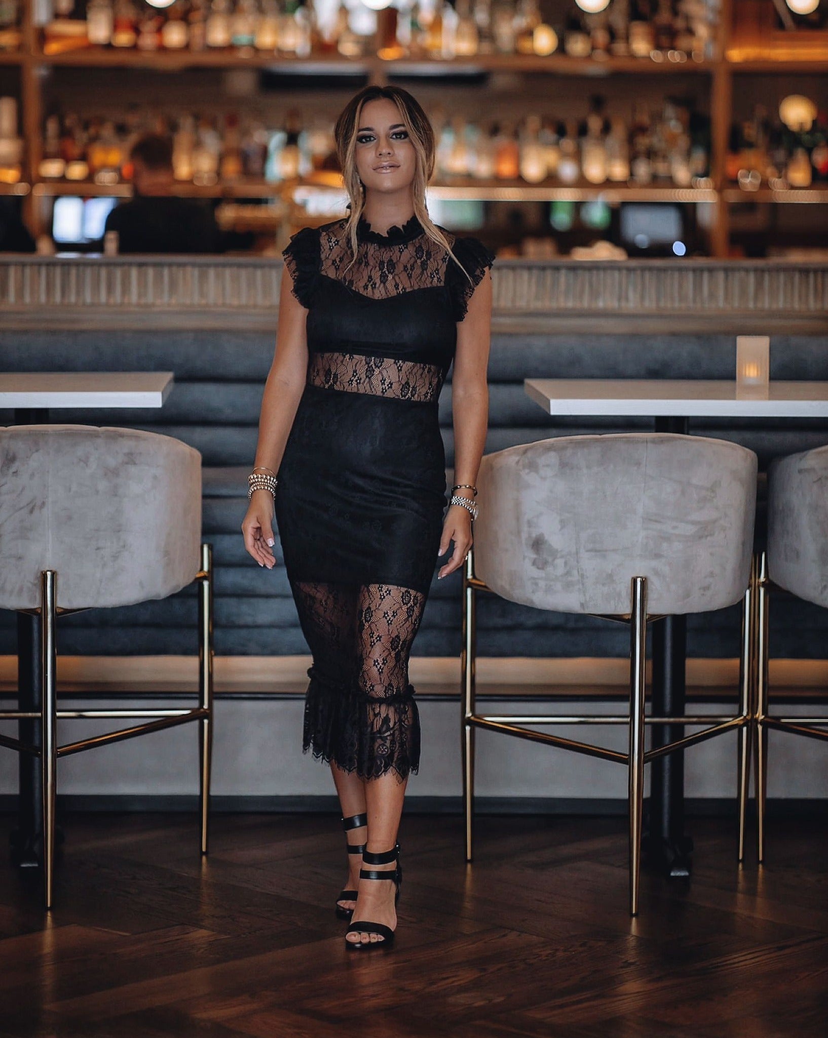 PREORDER - Saige Sheer Lace Midi Dress - Black