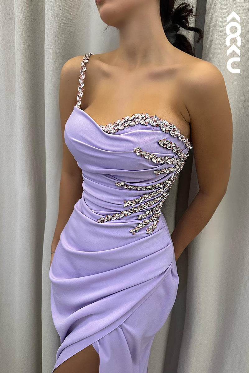 L2875 - Elegant & Luxurious One Shoulder Sleeveless Ruched Side Slit Party Prom Dress With Rhinestones