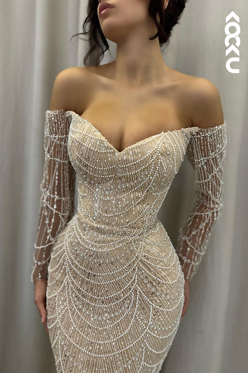 L2876 - Gorgeous & Charming Off-Shoulder Long Sleeves Fully Beaded Mermaid Prom Dress