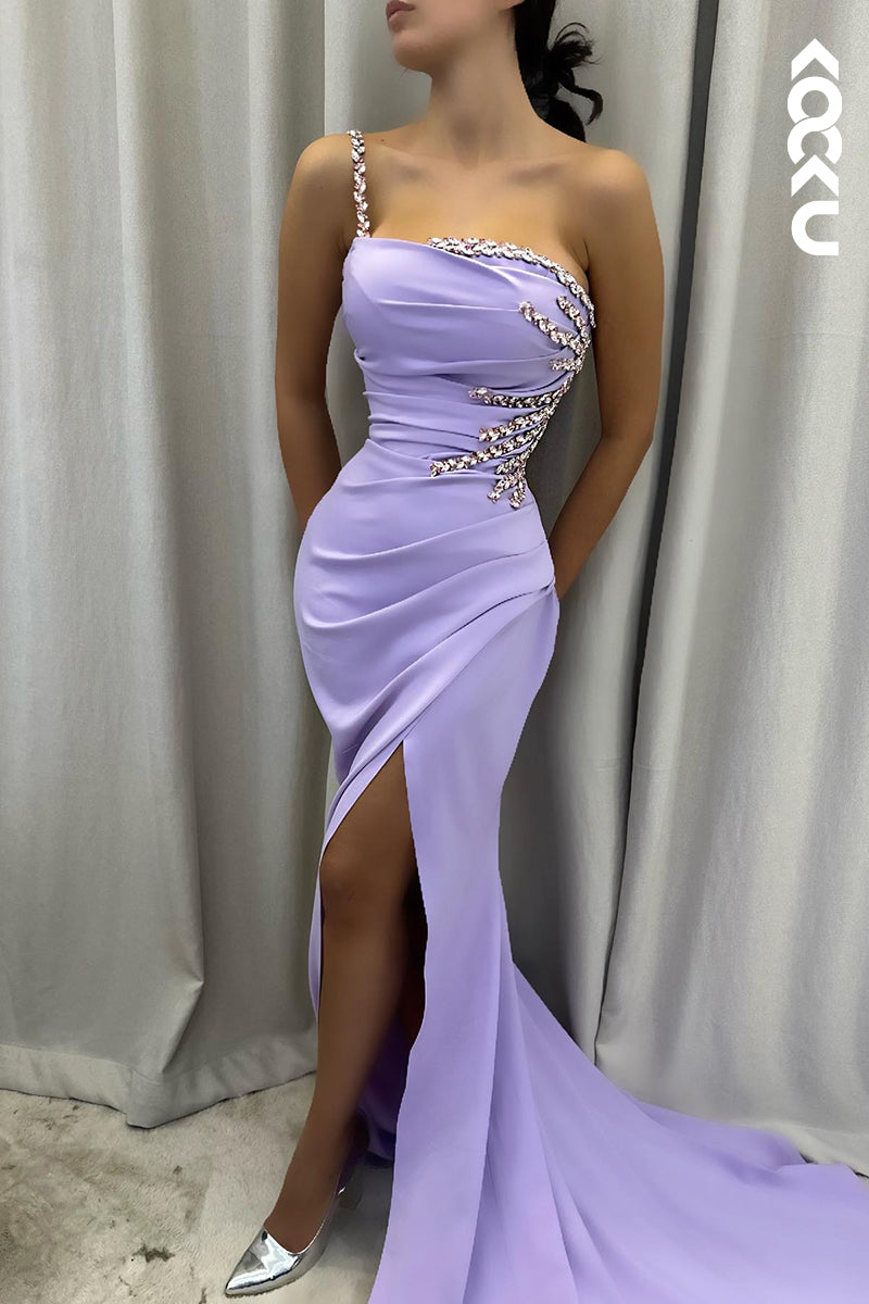 L2875 - Elegant & Luxurious One Shoulder Sleeveless Ruched Side Slit Party Prom Dress With Rhinestones