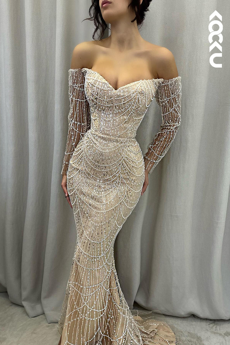 L2876 - Gorgeous & Charming Off-Shoulder Long Sleeves Fully Beaded Mermaid Prom Dress