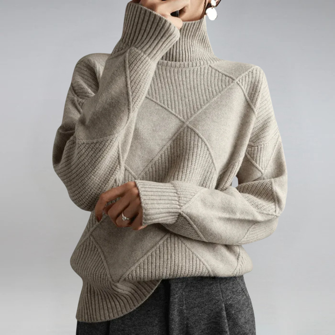 Turtleneck Long Sleeve Diamond Textured Knit Sweater