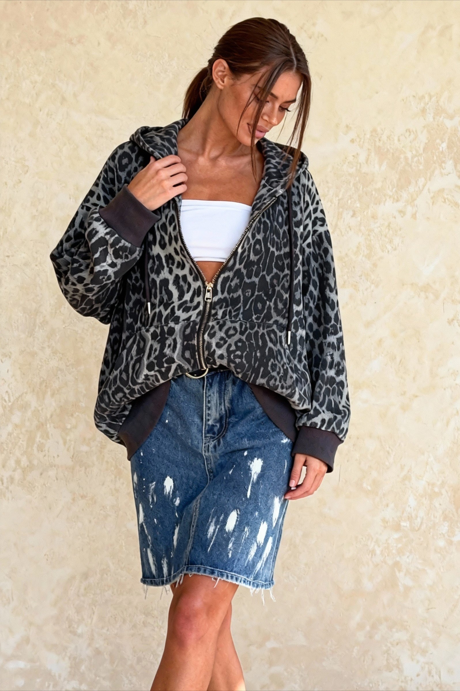 Leopard Print Zip ColorBlock Hoodie