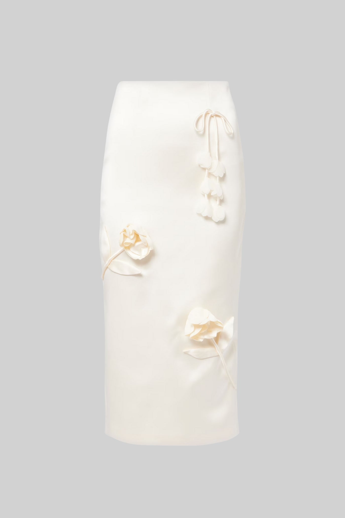 Satin Pencil Skirt with 3D Floral Appliqués - Ivoire