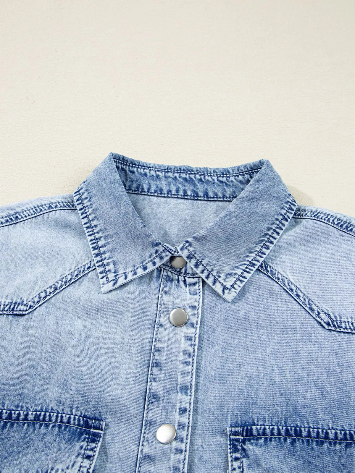 Denim-Look Snap Button Chest Pocket Raw Hem Oversized Shirt Dress 6